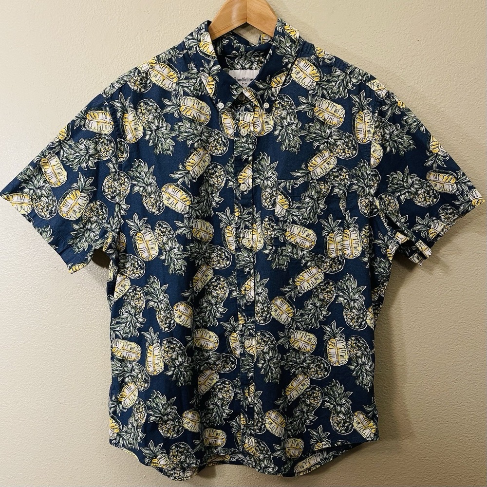 Goodfellow Men's Short Sleeve Button Up‎ Hawaii Shirt Pineapple Yellow Blue Sz L